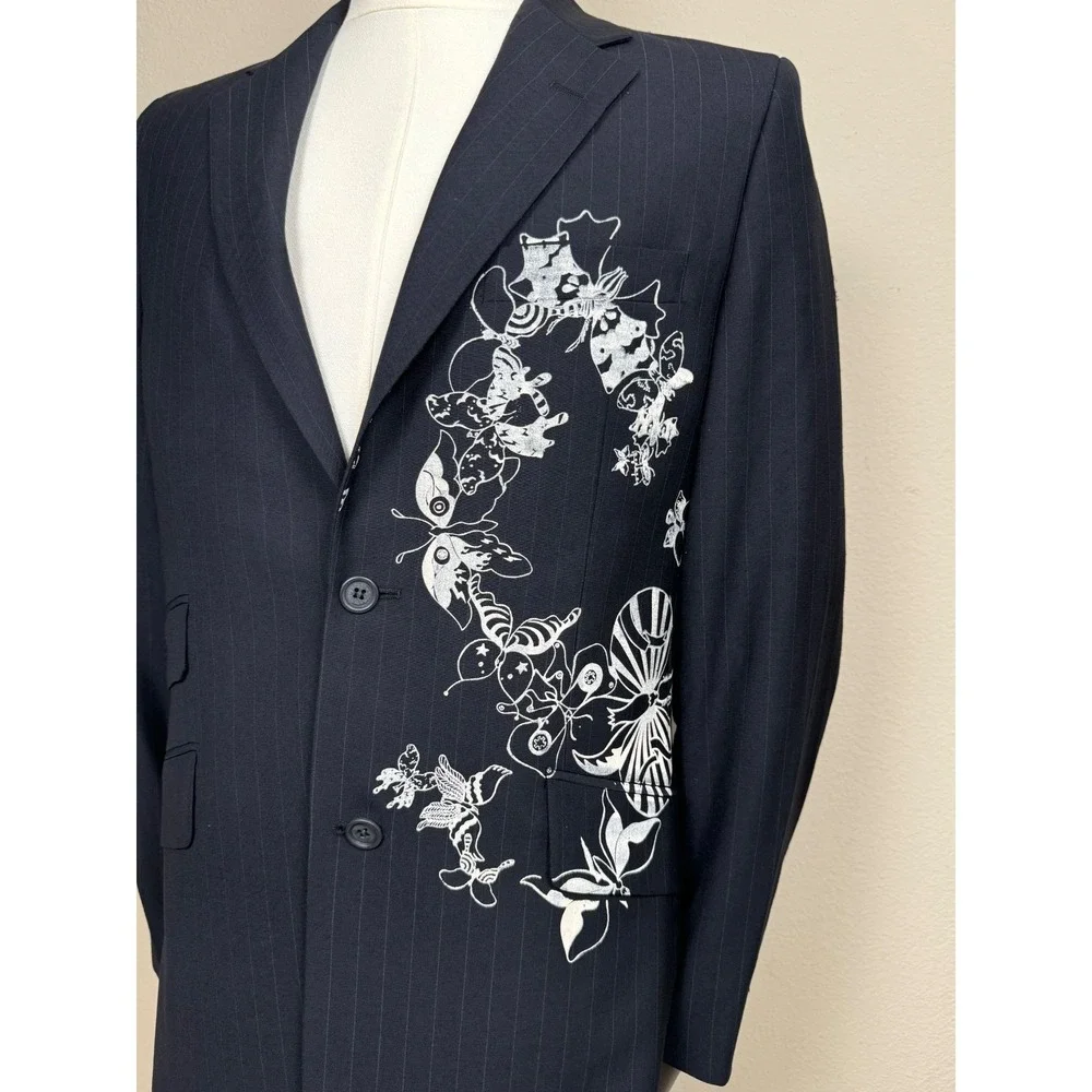 Topman Men's 38 black Pinstripe Graphic Art Blazer Wool Blend Statement 3144